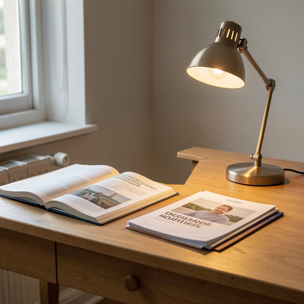 Editorial workspace with a journal, supplement reference materials, and a warm reading lamp on a natural wood desk, quiet and considered composition
