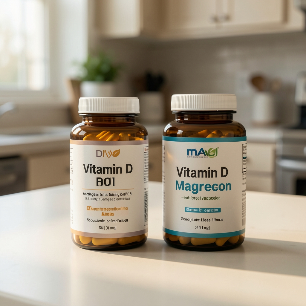 Close-up of vitamin D and magnesium supplement bottles on a pale kitchen counter with morning light, minimal editorial still life