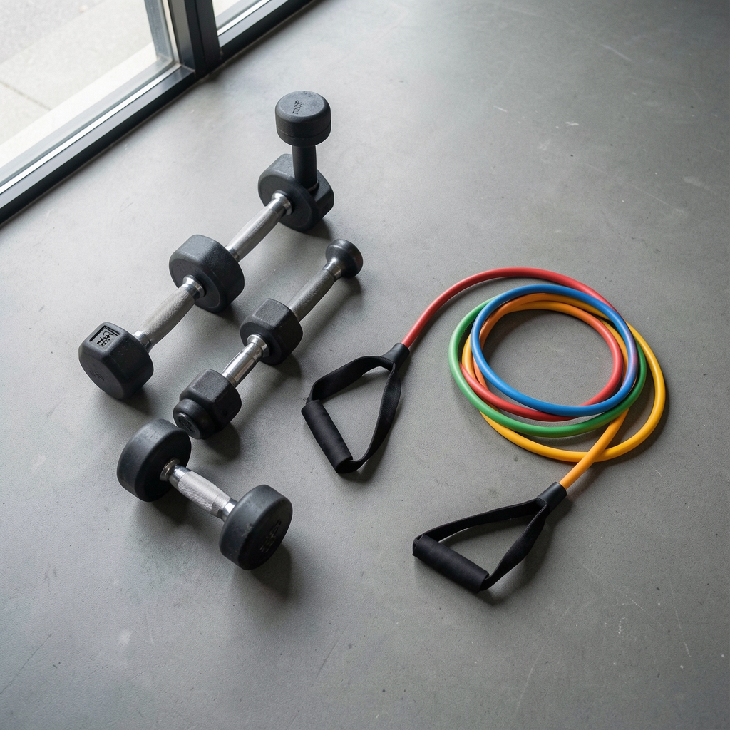Weights and resistance bands arranged on a clean gym floor surface, editorial overhead composition with natural light from a side window